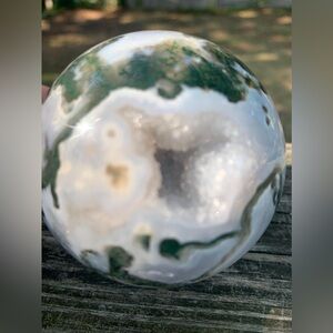 Green and White Moss Agate Geode Sphere with Druzy